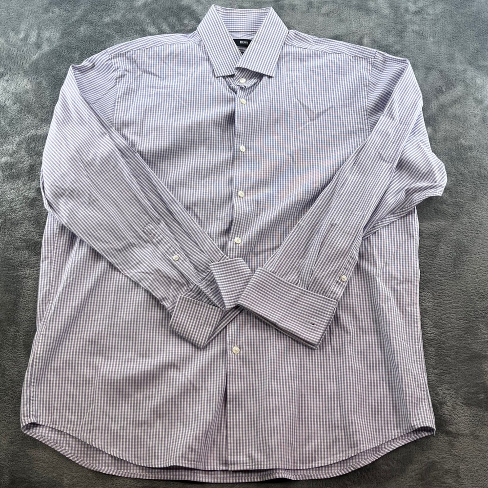 HUGO BOSS Mens Regular Fit Dress Shirt 17.5 32/33 Purple White Check French Cuff